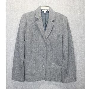 LL Bean Womens Large Gray 3 Button Jacket Herringbone Wool Silk Pockets